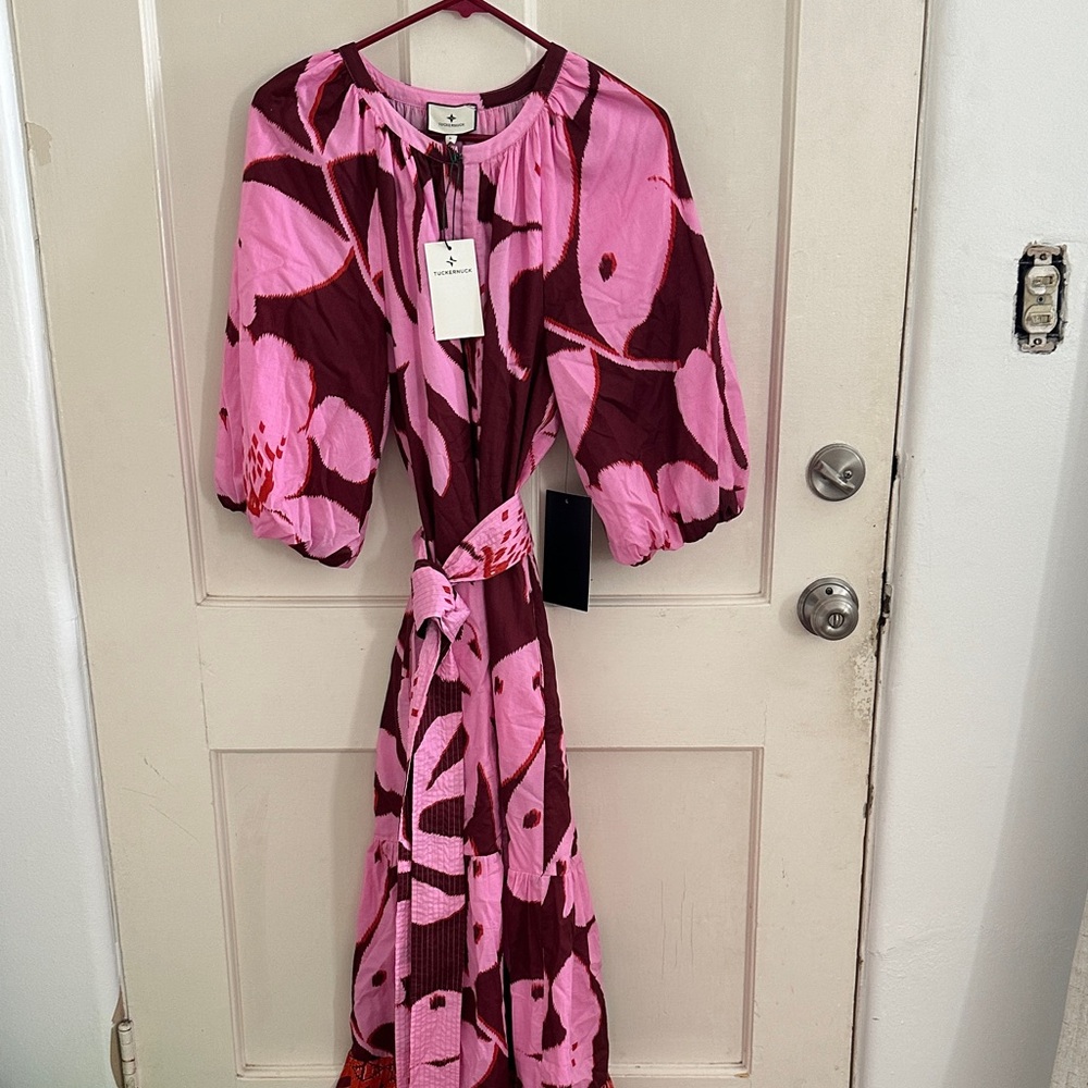 NWT Tuckernuck dress Lyles Belted Pink Palm Maxi Sz L